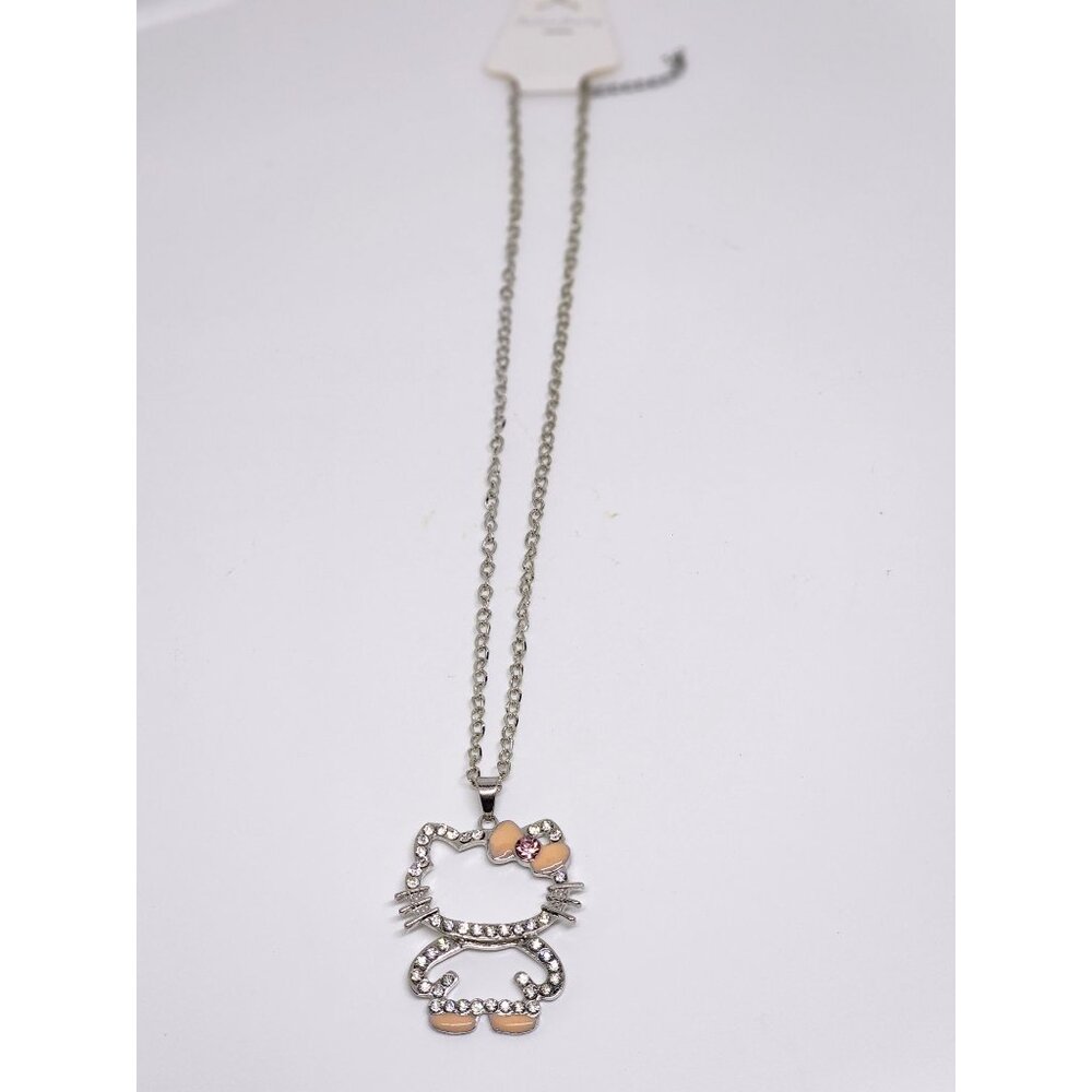 NWT Hello Kitty Rhinestone Pendant Women's Necklace Pink Bow Silver Chain 22" - Picture 2 of 5